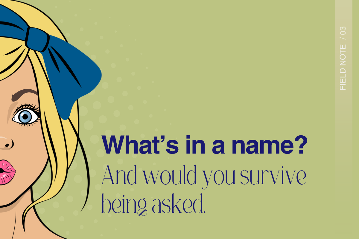 Woman with raised eyebrow expression, pop-art illustration, beside the text: What's in a name? And would you survive being asked. ko&co Field Notes on brand identity and business naming.